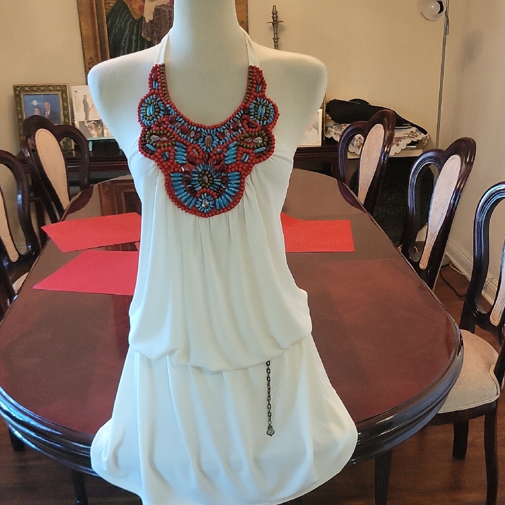 Elegant White Halter Top with Beaded Neckline